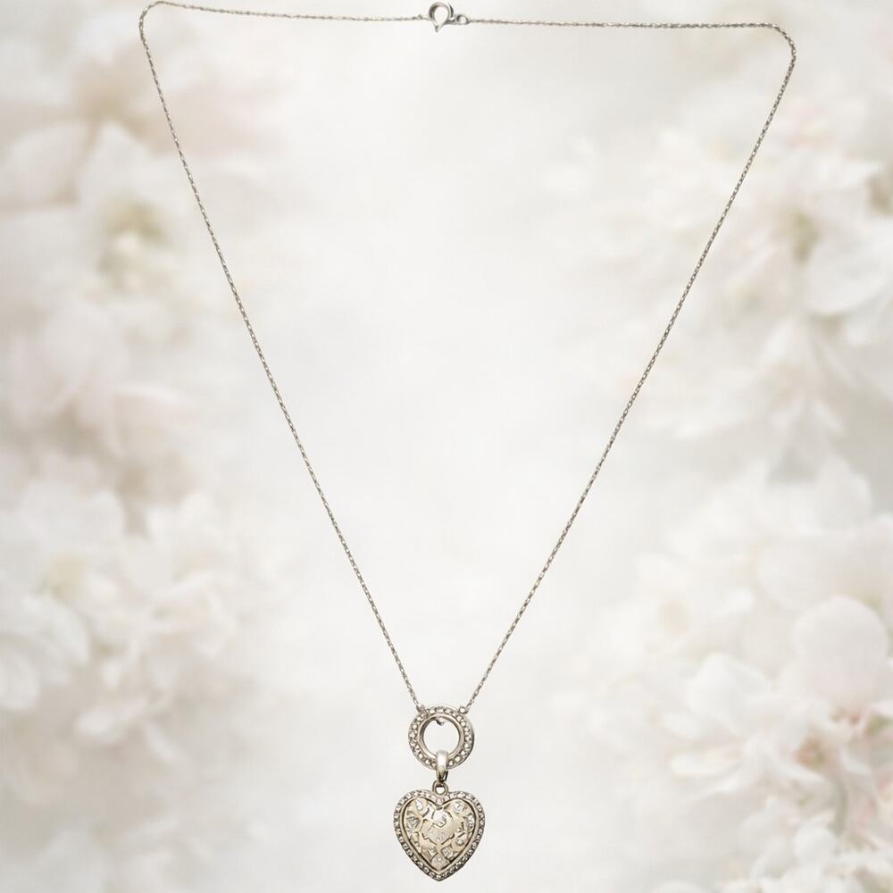 Marcasite Sterling Silver Heart Circle Pendant Stamped Clover 18" Sterling Chain